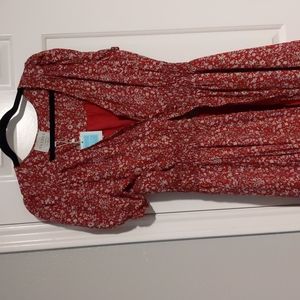 Red floral button front dress L